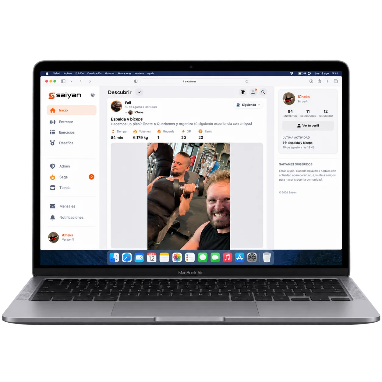Feed social de Saiyan en un Mac: entrenamientos y publicaciones de la comunidad.
